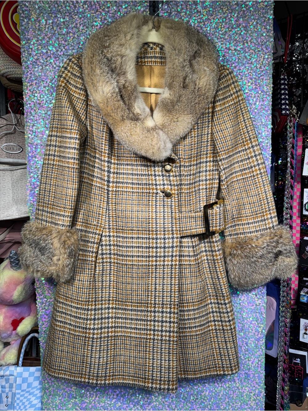 VTG 1970s Youthcraft Women's Wool Plaid Coat with Fur Trim